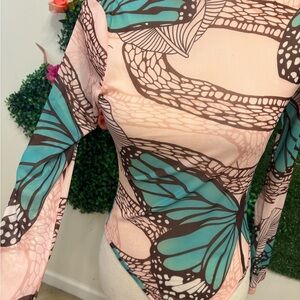 Halfheart Pink and Teal Butterfly Design Long Sleeve Bodysuit